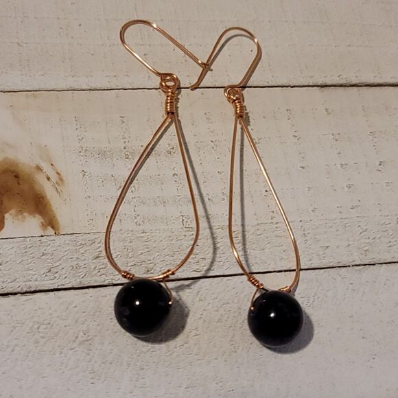 Handmade Teardrop Amethyst Dangle Earrings Copper Wire Wrapped Gemstone - Picture 7 of 8
